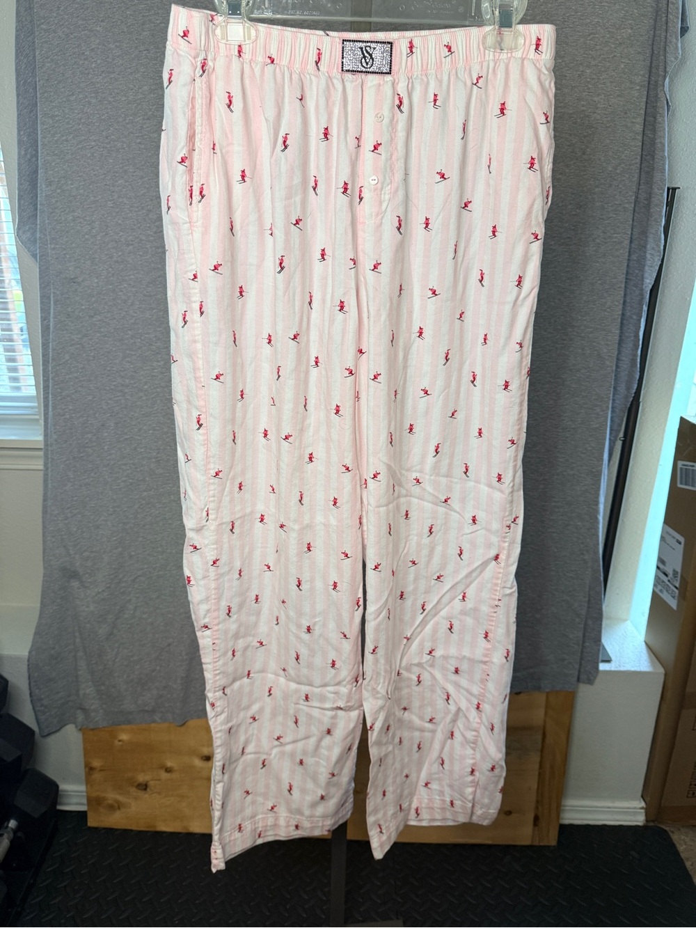 Victoria's Secret Pink Striped Pajama Pants with Apris Red Accent Print
